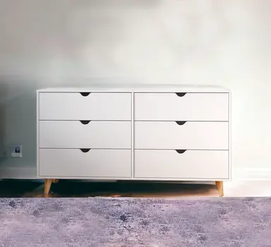 59" White Scoop Handle Six Drawer Double Dresser