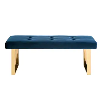 48" Navy Blue And Gold Upholstered Velvet Bench