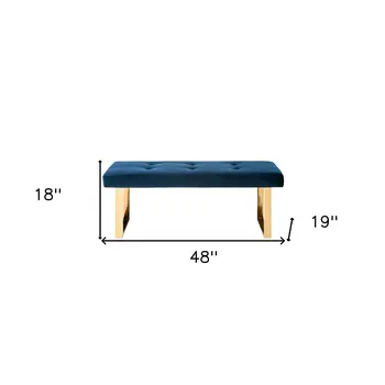 48" Navy Blue And Gold Upholstered Velvet Bench