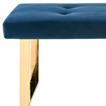 48" Navy Blue And Gold Upholstered Velvet Bench