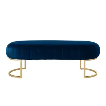 53" Navy Blue and Gold Tufted Velvet Upholstered Bench