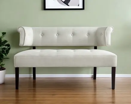48" Cream And Brown Upholstered Linen Bench