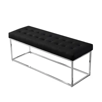 48" Black and Silver Upholstered Faux Leather Bench