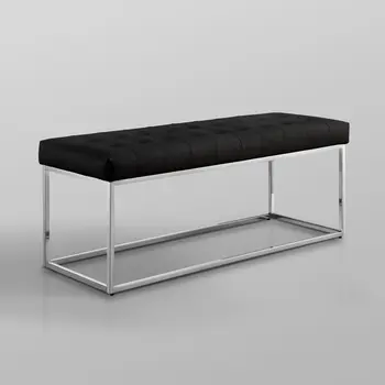 48" Black and Silver Upholstered Faux Leather Bench