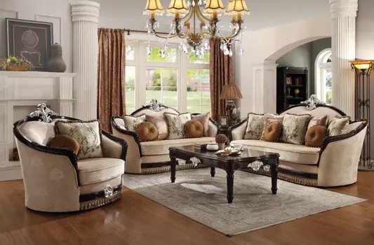 47" Tan and Black Fabric Floral Arm Chair And Toss Pillows