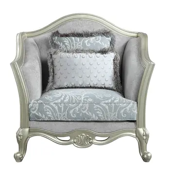 44" Light Gray and Champagne Linen Floral Arm Chair And Toss Pillows