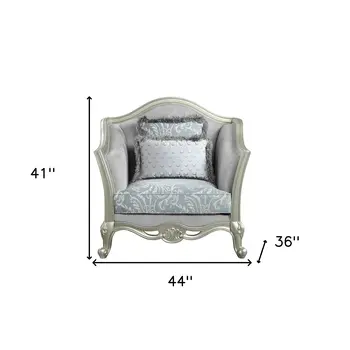 44" Light Gray and Champagne Linen Floral Arm Chair And Toss Pillows