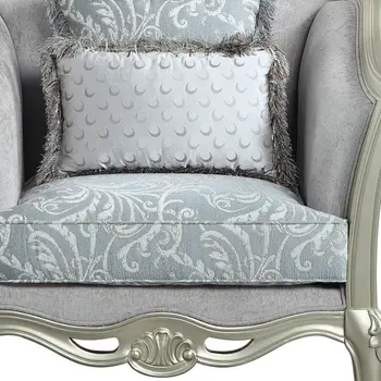 44" Light Gray and Champagne Linen Floral Arm Chair And Toss Pillows