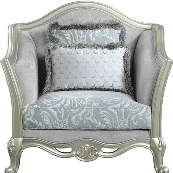 44" Light Gray and Champagne Linen Floral Arm Chair And Toss Pillows