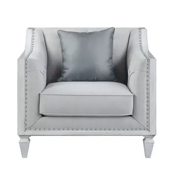 36" Light Gray and Brown Linen Tufted Distressed Club Chair And Toss Pillow