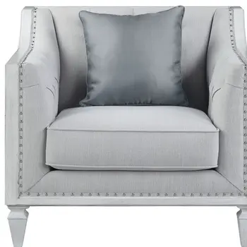 36" Light Gray and Brown Linen Tufted Distressed Club Chair And Toss Pillow