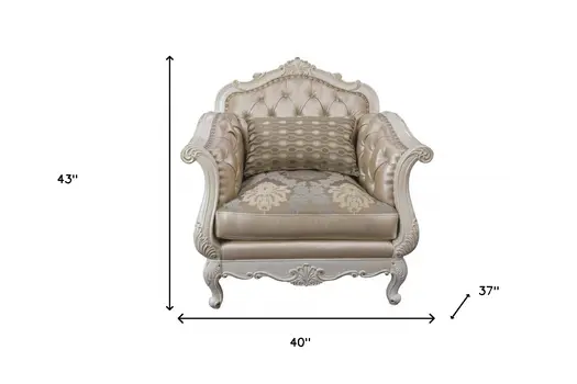 40" Beige and White Faux Leather Tufted Arm Chair And Toss Pillow