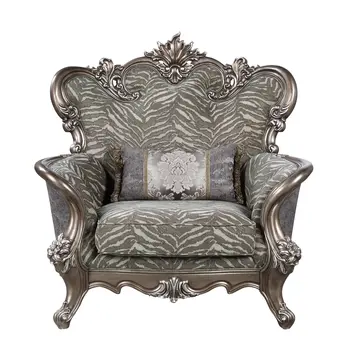 47" Gray and Antiqued Bronze Fabric Floral Tufted Wingback Chair And Toss Pillow