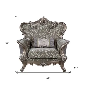 47" Gray and Antiqued Bronze Fabric Floral Tufted Wingback Chair And Toss Pillow