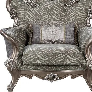 47" Gray and Antiqued Bronze Fabric Floral Tufted Wingback Chair And Toss Pillow