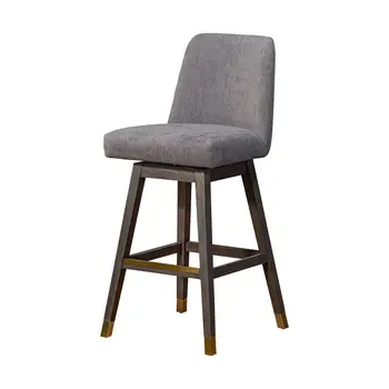 30" Gray and Brown Fabric and Solid Wood Swivel Bar Chair
