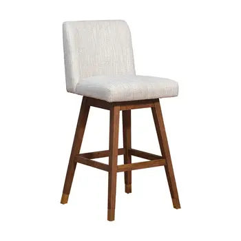 30" Beige and Wood Brown Solid Wood Bar Height Swivel Bar Chair