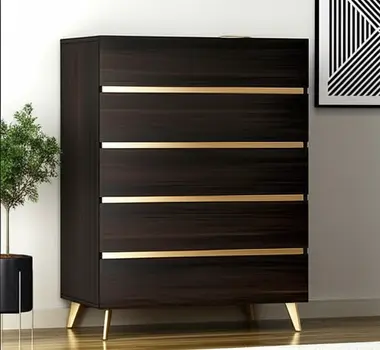 33" Drk Brown White Marble Manufactured Wood + Solid Wood Stainless Steel Five Drawer Chest