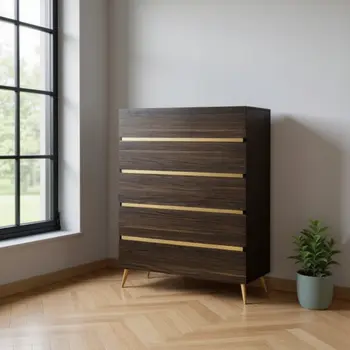 33" Drk Brown White Marble Manufactured Wood + Solid Wood Stainless Steel Five Drawer Chest