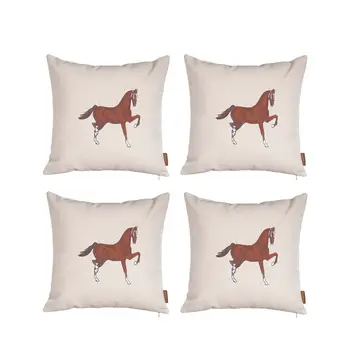 Set of Four 18" X 18" Beige Horse Polyester Zippered Pillow With Embroidery