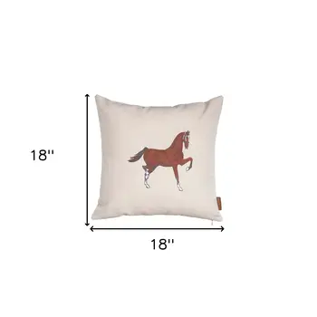 Set of Four 18" X 18" Beige Horse Polyester Zippered Pillow With Embroidery