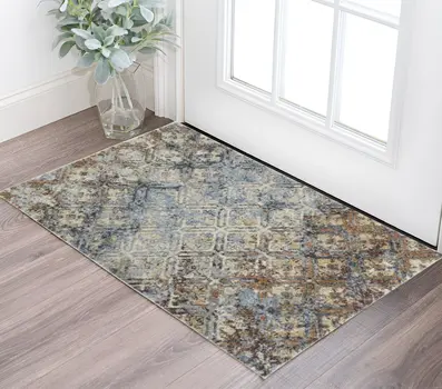 3' X 5' Brown Light Blue And Gray Distressed Diamond Area Rug