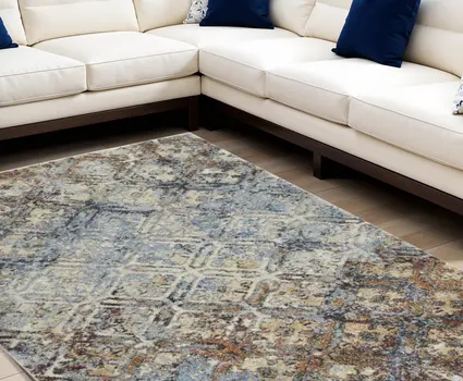 8' X 11' Brown Light Blue And Gray Distressed Diamond Area Rug