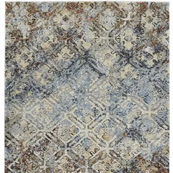 8' X 11' Brown Light Blue And Gray Distressed Diamond Area Rug