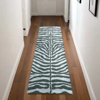 2' X 8' Grey Zebra Print Shag Handmade Non Skid Runner Rug