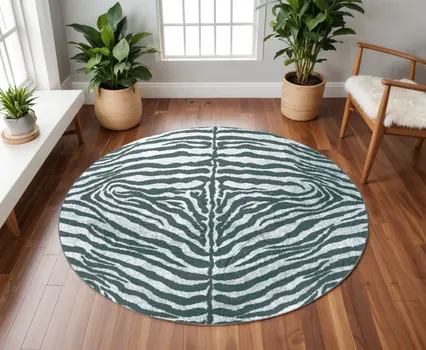 8' X 8' Grey Round Zebra Print Shag Handmade Non Skid Area Rug