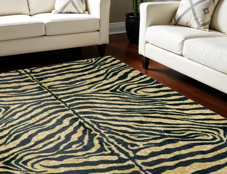 8' X 10' Black and Gold Animal Print Shag Handmade Non Skid Area Rug