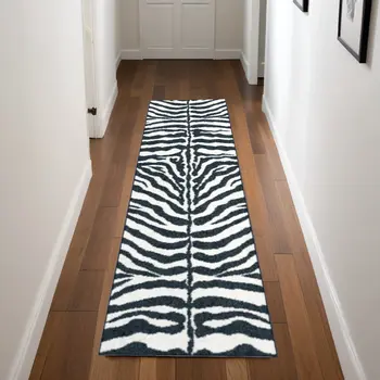 8' Black Animal Print Shag Handmade Runner Rug