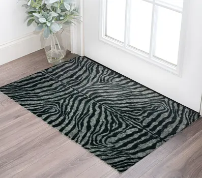 3' X 5' Black and Gray Zebra Print Shag Handmade Non Skid Area Rug