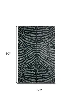 3' X 5' Black and Gray Zebra Print Shag Handmade Non Skid Area Rug