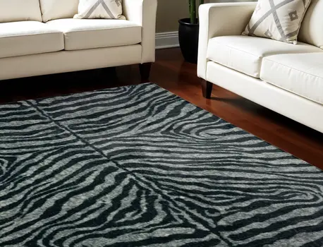 8' X 10' Black and Gray Zebra Print Shag Handmade Non Skid Area Rug