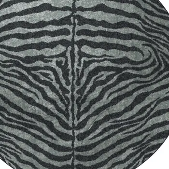 8' X 8' Black and Gray Round Zebra Print Shag Handmade Non Skid Area Rug