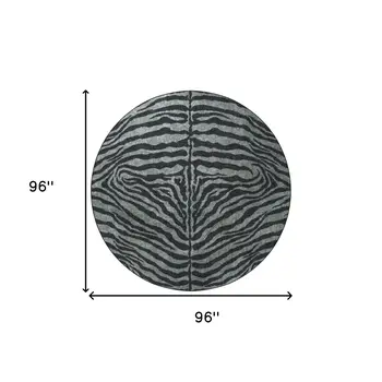 8' X 8' Black and Gray Round Zebra Print Shag Handmade Non Skid Area Rug