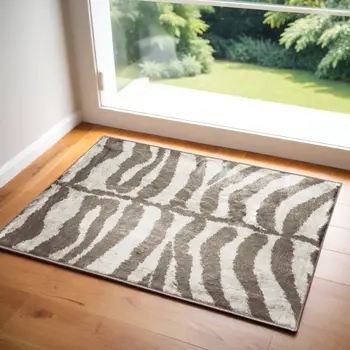 2' X 3' Mocha and Cream Zebra Print Shag Handmade Non Skid Area Rug