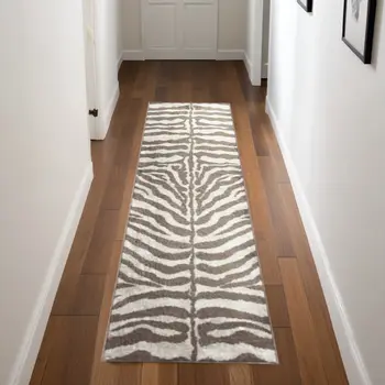 2' X 8' Mocha and Cream Zebra Print Shag Handmade Non Skid Runner Rug