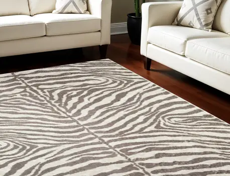 8' X 10' Mocha and Cream Zebra Print Shag Handmade Non Skid Area Rug