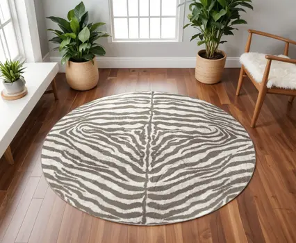 8' X 8' Mocha and Cream Round Zebra Print Shag Handmade Non Skid Area Rug