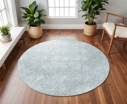8' X 8' Grey Leopard Print Round Shag Handmade Non Skid Area Rug