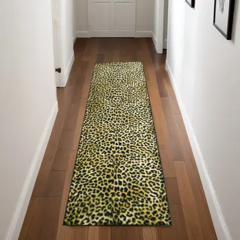 2' X 8' Black and Gold Leopard Print Shag Handmade Non Skid Runner Rug