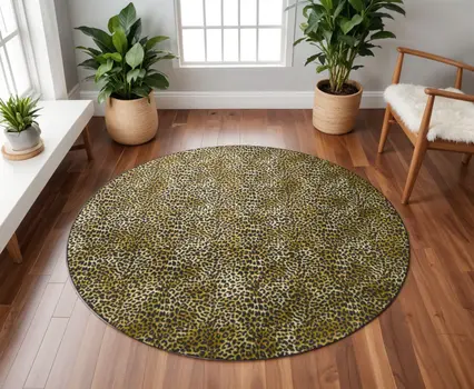 8' X 8' Black and Gold Round Leopard Print Shag Handmade Non Skid Area Rug