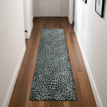 2' X 8' Black and Gray Leopard Print Shag Handmade Non Skid Runner Rug
