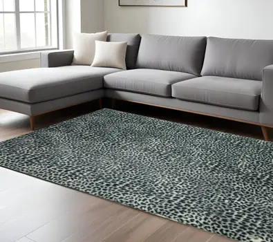 8' X 10' Black and Gray Leopard Print Shag Handmade Non Skid Area Rug
