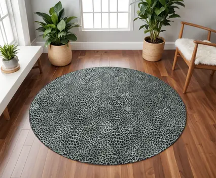 8' X 8' Black and Gray Leopard Round Shag Handmade Non Skid Area Rug