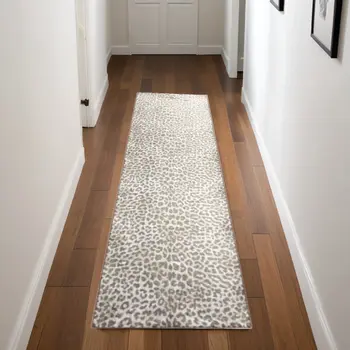 2' X 8' Beige and Cream Leopard Print Shag Handmade Non Skid Runner Rug
