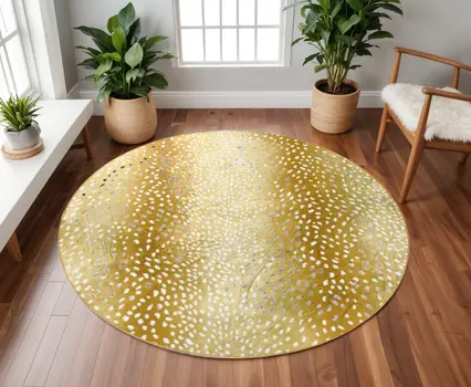 8' X 8' Gold Round Gazelle Print Shag Handmade Non Skid Area Rug