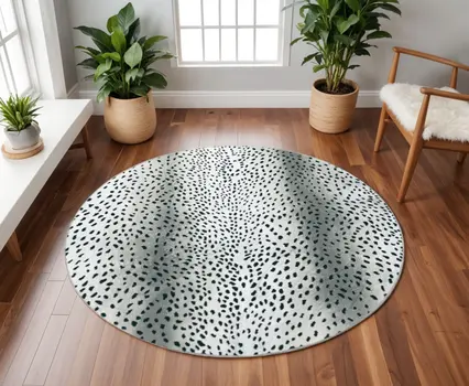 8' X 8' Black Round Gazelle Print Shag Handmade Non Skid Area Rug